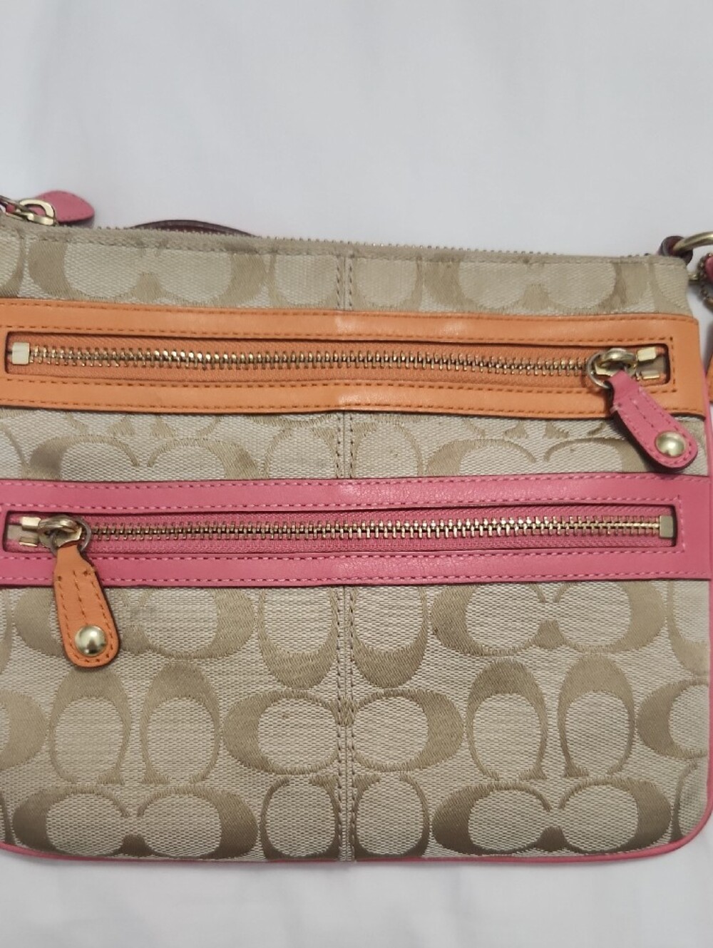 Coach Crossbody in Beige Canvas with Pink & Orange Trim - Picture 3 of 8